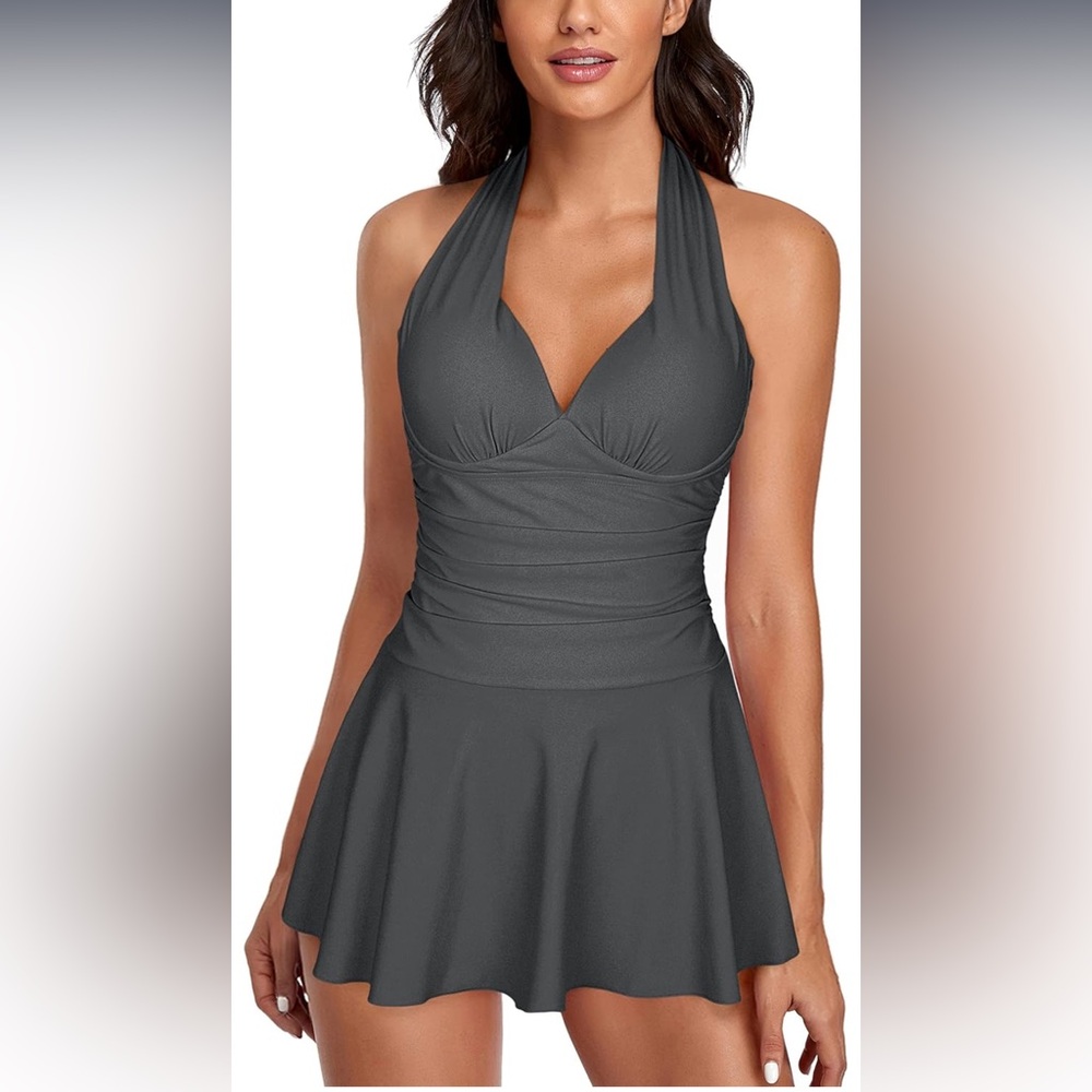 Swimsuits Two Piece Tummy Control  V Neck Swimdress with Boyshorts Swimwear
